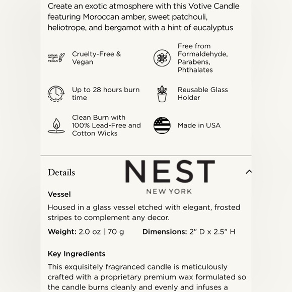 NEST NEW YORK Candle 2oz votive glass. Moroccan Amber scent. Made in USA - Picture 6 of 8